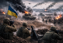 Russian infantry and armored vehicles advancing in eastern Ukraine battle
