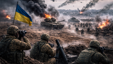 Russian infantry and armored vehicles advancing in eastern Ukraine battle