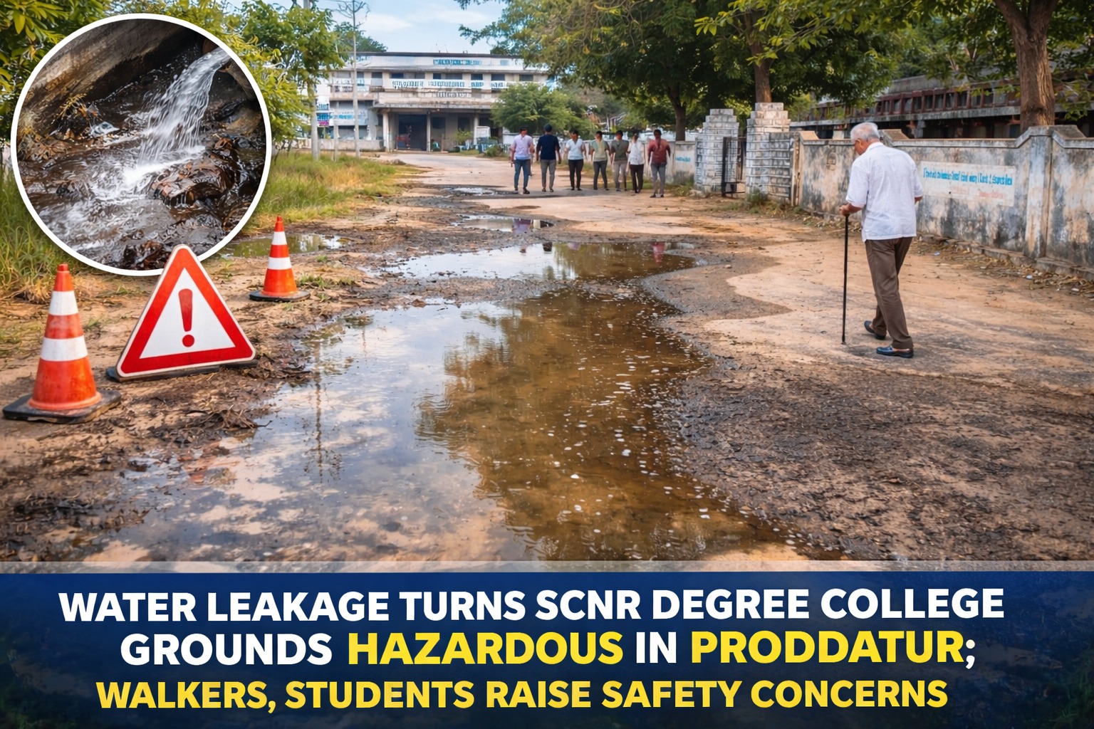 Waterlogging at SCNR Government Degree College Proddatur due to pipeline leakage