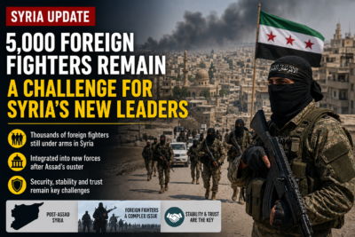 Armed foreign fighters standing in war-damaged Syrian city after Assad government collapse