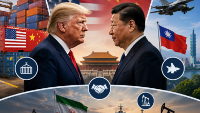 Donald Trump and Xi Jinping during high-level US-China summit talks in Beijing amid Taiwan and trade tensions