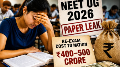 Students and parents protesting against NEET UG 2026 paper leak and re-exam controversy in India