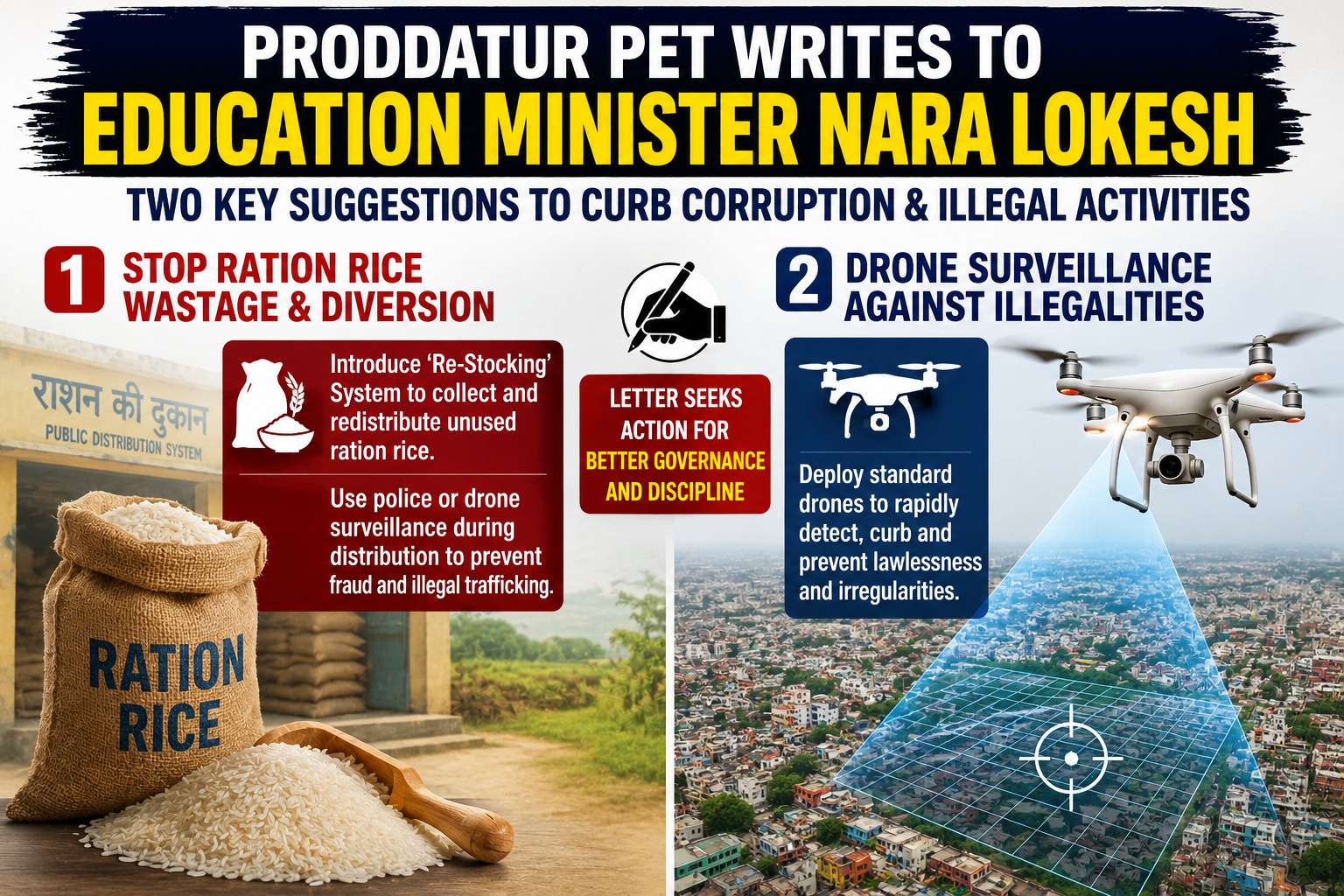 Proddatur PET sends reform proposal letter to Andhra Pradesh Minister Nara Lokesh on drone surveillance and ration rice monitoring.