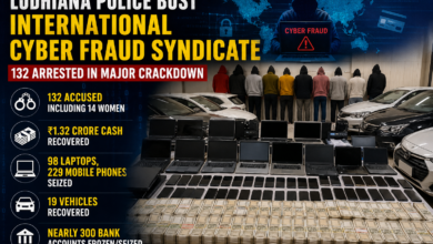 Punjab Police cybercrime raid in Ludhiana exposing fake international call centre scam with seized laptops, cash, mobile phones and luxury vehicles displayed during investigation.