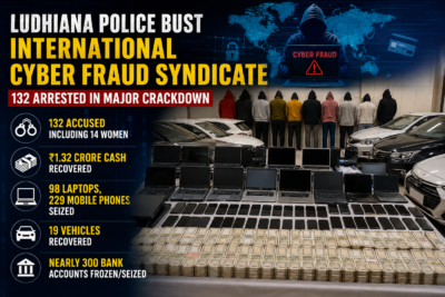 Punjab Police cybercrime raid in Ludhiana exposing fake international call centre scam with seized laptops, cash, mobile phones and luxury vehicles displayed during investigation.