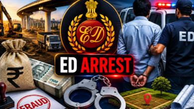 ED officials examining land records and financial documents during investigation into the Bharatmala compensation fraud case.