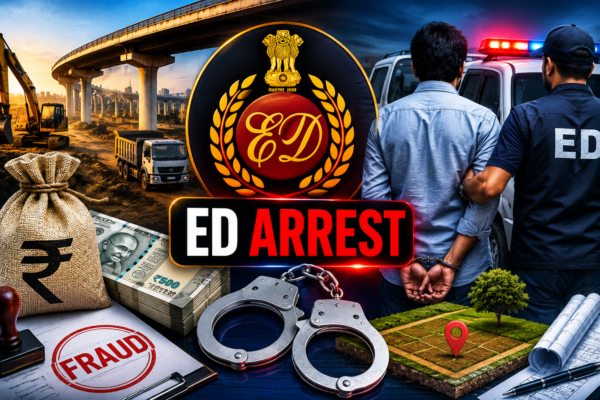 ED officials examining land records and financial documents during investigation into the Bharatmala compensation fraud case.