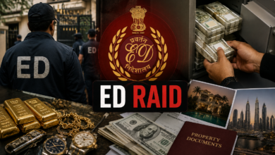 ED officers conducting search operations while examining seized cash, gold bars, documents and electronic evidence in a drug trafficking money laundering investigation.