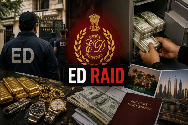 ED officers conducting search operations while examining seized cash, gold bars, documents and electronic evidence in a drug trafficking money laundering investigation.