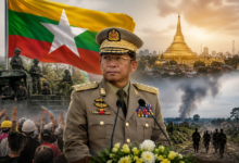 Myanmar military leader Min Aung Hlaing leading the new government amid ongoing political crisis, conflict, and growing Chinese influence.