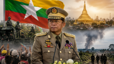 Myanmar military leader Min Aung Hlaing leading the new government amid ongoing political crisis, conflict, and growing Chinese influence.