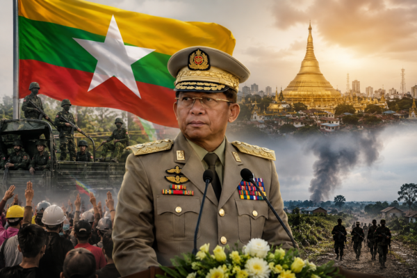 Myanmar military leader Min Aung Hlaing leading the new government amid ongoing political crisis, conflict, and growing Chinese influence.