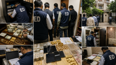 ED officials conducting search operations in Kolkata and Murshidabad during a money laundering investigation involving cash, gold and property documents.