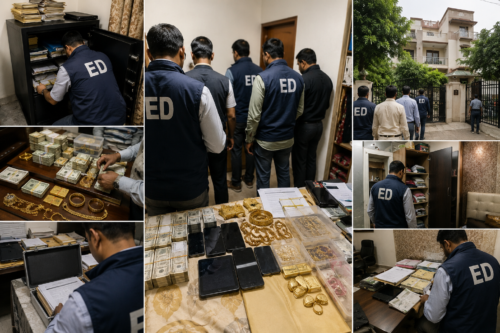 ED officials conducting search operations in Kolkata and Murshidabad during a money laundering investigation involving cash, gold and property documents.